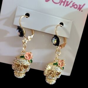Rose Skull Drop Earrings goldtone rhinestones